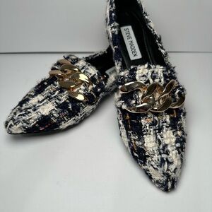 Steve Madden Navy Multi Tweed Loafers with Gold Chain - size 6